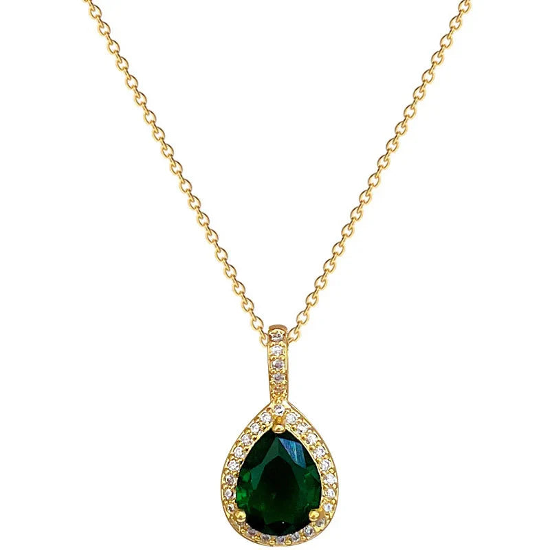 2pcs/set Jewelry Sets Women Elegant Waterdrop Green Rhinestone Pendant Necklace stud Earrings Wedding Dress Bridal Jewelry Set