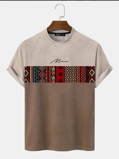 Men's C'EST LA VIE Paris Color Block T-Shirt Beige Gray Brown Casual Short Sleeve Fashion Top