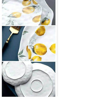 European Ceramic Plate Creative Rural Style Breakfast Bread Plate Hand Drawn Lemon Desktop Fruit Salad Plates Kitchen Tableware