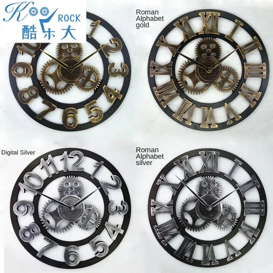 Vintage Style Industrial Wall Clock with Roman Numerals Visible 3D Gears 11"-17" Gold or Silver