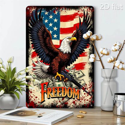 Patriotic Eagle with Guns Metal Wall Art - 8x12 Inch American Flag Design, Durable Iron Sign for Home & Outdoor Decor