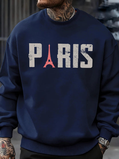 Famous Paris Tower Pattern Sweatshirt Men O-Neck Clothes Autumn Fleece Retro Pullover Loose Unisex Colour Fashion Streetwear