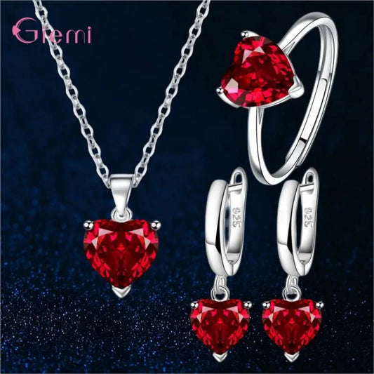 Top Fashion 925 Silver Jewelry Sets Shiny Crystal Gifts Suit For Women Girls Pendant Necklace Earrings Rings Hot Sale