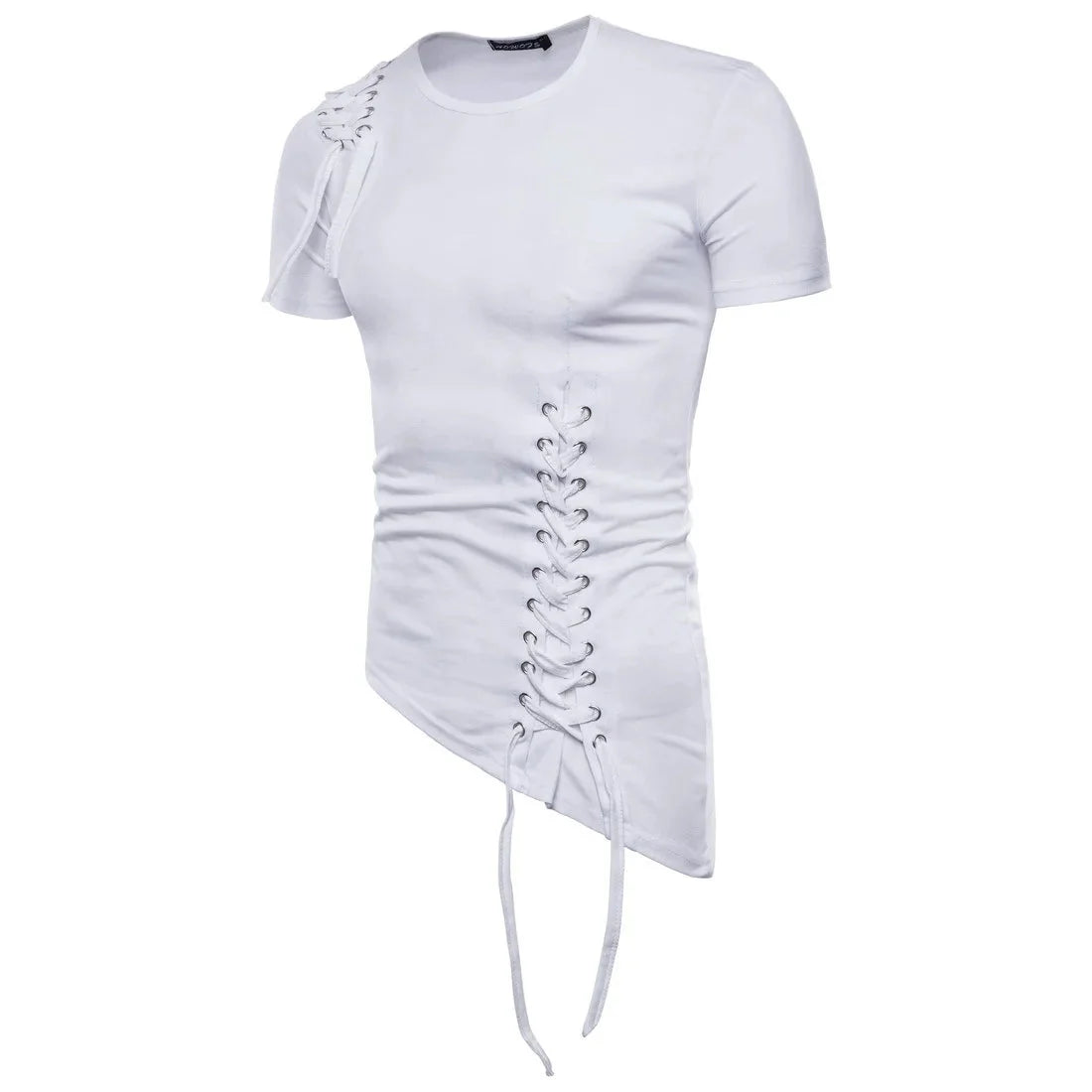 New2026 Men's Summer Short Sleeve T-shirts Trend Irregular Design Lace Up Solid Slim Tees Fashion Gothic Style Casual Shirts Men