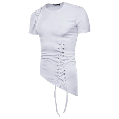 New2026 Men's Summer Short Sleeve T-shirts Trend Irregular Design Lace Up Solid Slim Tees Fashion Gothic Style Casual Shirts Men
