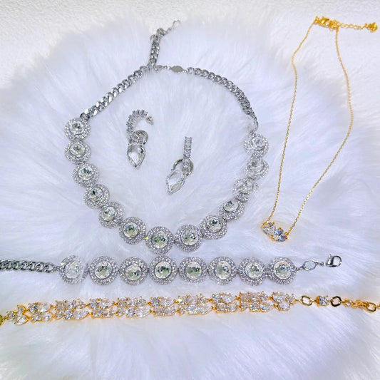 2025 New Fine Jewelry Set Luxury White Gold High Quality Geometric Crystal Luxury Necklace Bracelet Earrings Ring Gift for Women