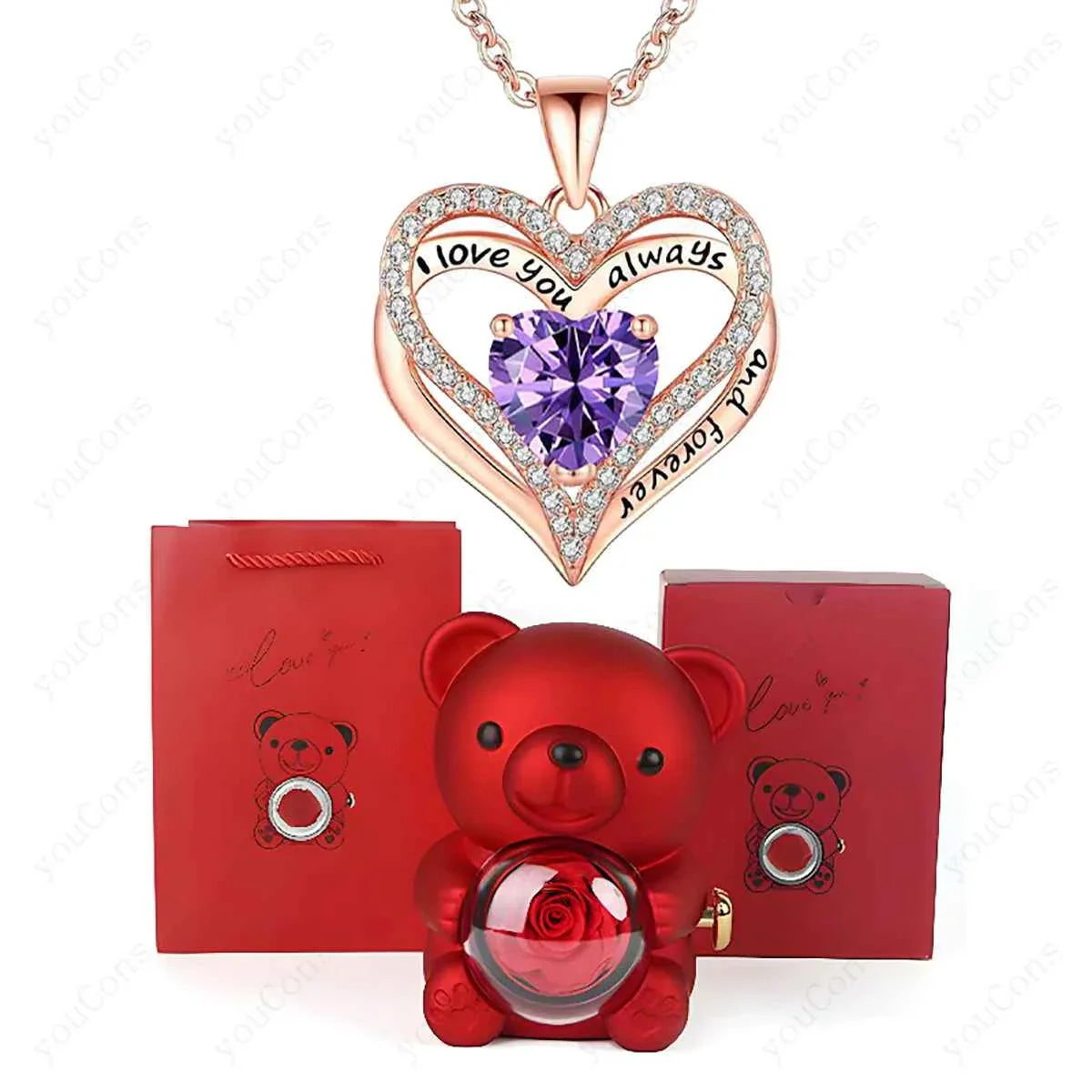 Red Heart Pendant Necklaces With Cute Bear Rose Gift Box For Women Mother Day 2026 Christmas Valentine Wedding Birthday Jewelry