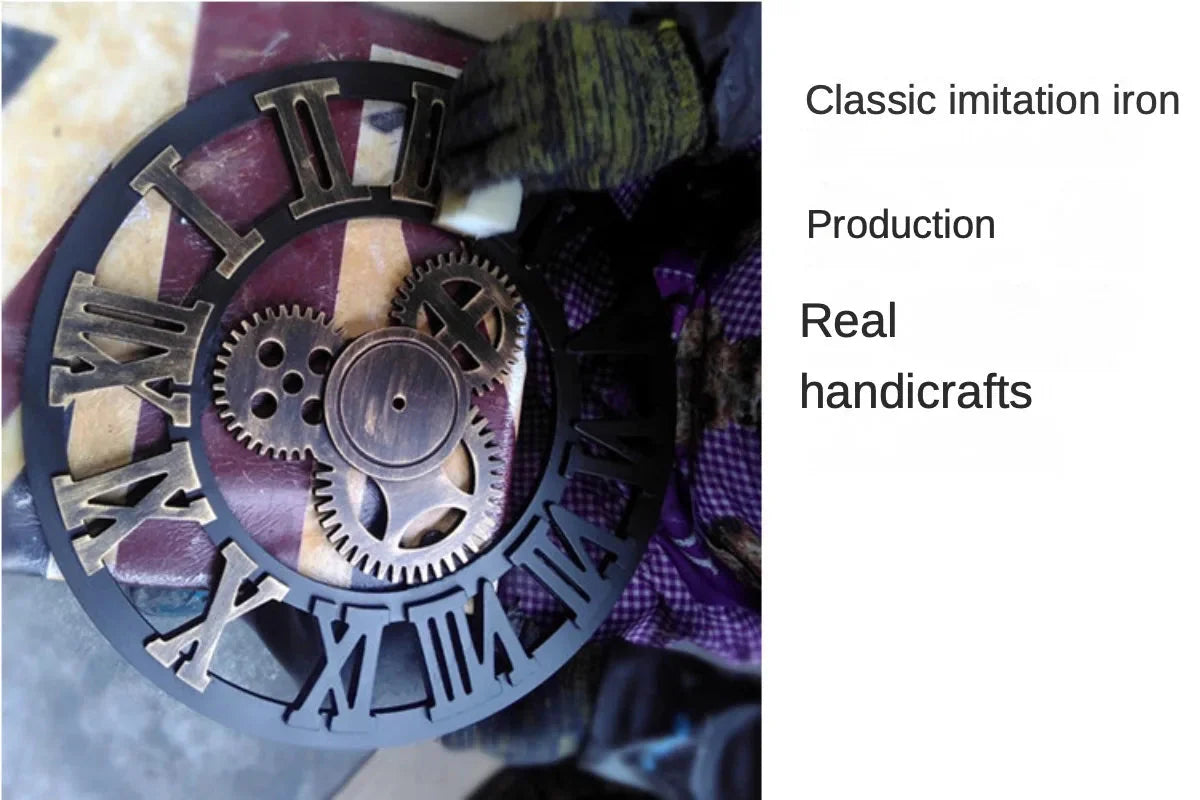 Vintage Style Industrial Wall Clock with Roman Numerals Visible 3D Gears 11"-17" Gold or Silver