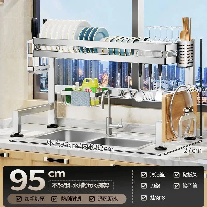 Stainless Steel Sink Shelf Bowl Drain Rack Kitchen Storage Rack Multifunctional Dish Cutlery Knife Spoon Sink Rack Set Organizer
