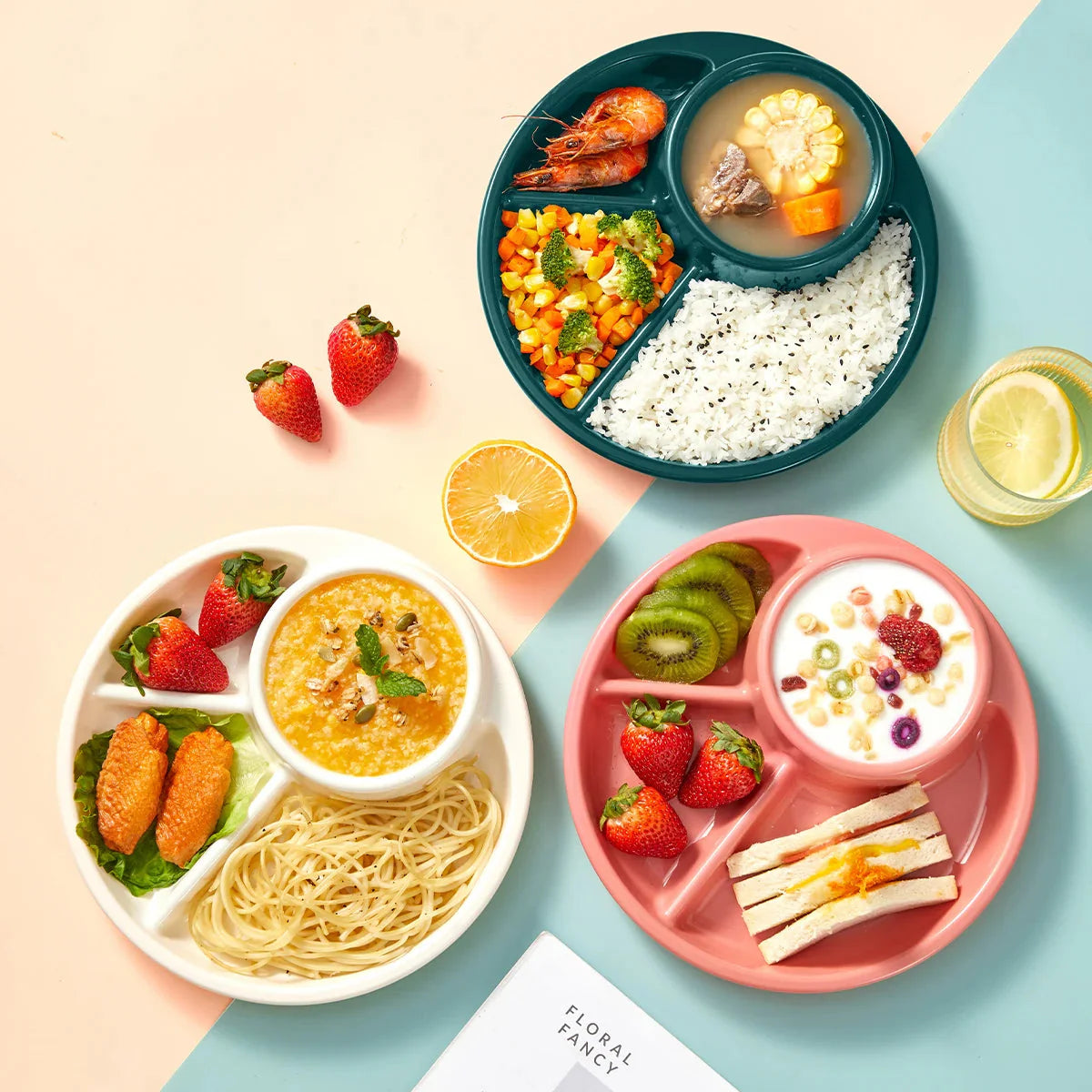 Reusable Round Plastic Divided Dinner Plate With Fork Spoon Salad Plate Dishes Student Kid Food Plate Dishwasher&Microwave Safe
