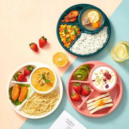 Reusable Round Plastic Divided Dinner Plate With Fork Spoon Salad Plate Dishes Student Kid Food Plate Dishwasher&Microwave Safe