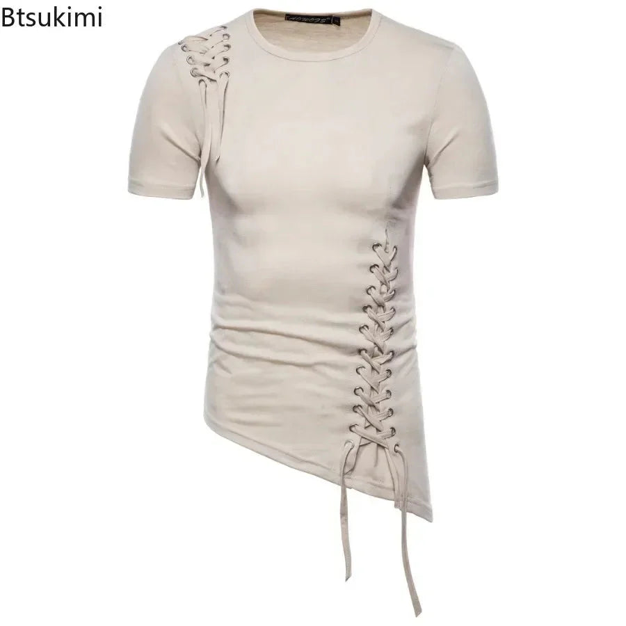 New2026 Men's Summer Short Sleeve T-shirts Trend Irregular Design Lace Up Solid Slim Tees Fashion Gothic Style Casual Shirts Men