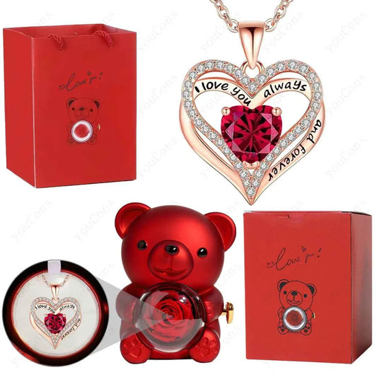 Red Heart Pendant Necklaces With Cute Bear Rose Gift Box For Women Mother Day 2026 Christmas Valentine Wedding Birthday Jewelry