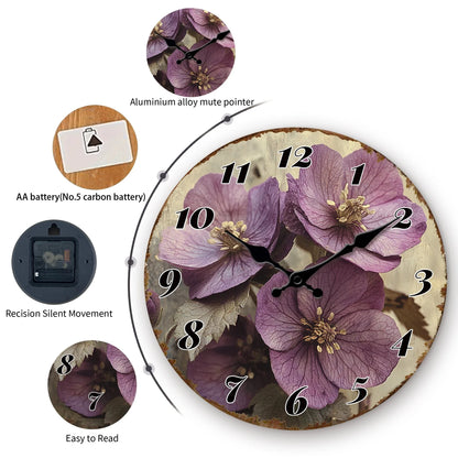 Purple Flower Blossom Floral Art Design Rustic Charm Decorative Clock 10"-16"