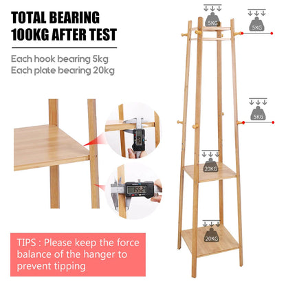 Bamboo Coat Rack Free Standing 2-Shelves Clothing Storage Garment Organizer Stand with 8 Hooks Clothes Poles 55kg Load-bearing f