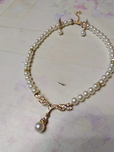 Women's 2 Piece Jewelry Sets One Gold Color Necklace + 1 Pair Earrings Wedding Bridal Pearl Elegant Decoration Pendientes Gifts