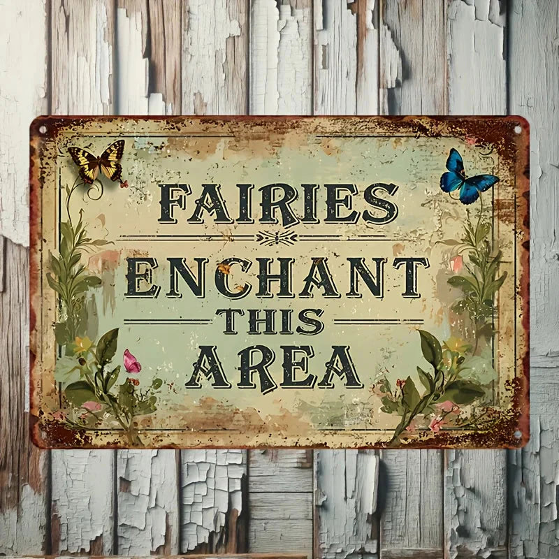 Enchanted Fairy Garden Metal Sign (8"x12") - Whimsical Wall Art with Butterflies & Flowers for Magical Home Decor