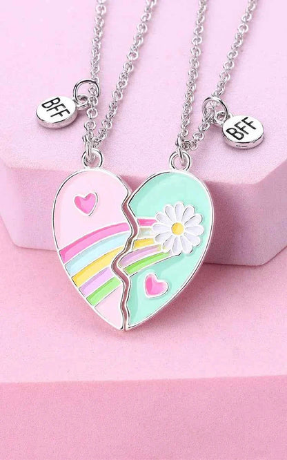 Cute Best Friends Heart Magnetic Necklace Rainbow Flower BFF Necklaces For Girls Friendship Jewelry Gifts