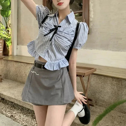 Bow-rinked Striped Shirt for Women Summer French Sweet and Spicy Puff Sleeve Shirt Short Short Sleeve Top