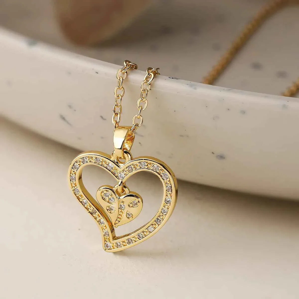 Mafisar Non-Fading Gold Color 316L Stainless Steel Party Jewelry Shiny AAA CZ Zircon Heart Pendants Necklaces For Women