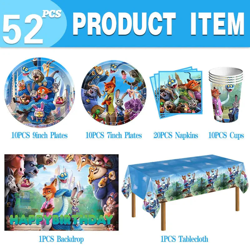 Zootopia Theme Party Supplies Nick Judy Birthday Decoration Balloon Set Tableware Kit Banner Plates Gifts Bags Keychains Sticker