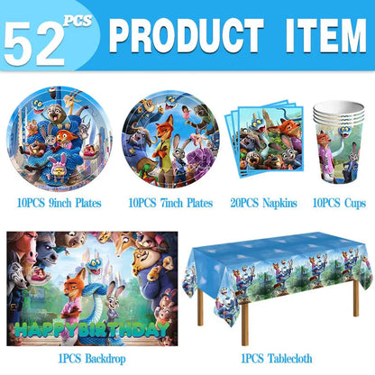 Zootopia Theme Party Supplies Nick Judy Birthday Decoration Balloon Set Tableware Kit Banner Plates Gifts Bags Keychains Sticker