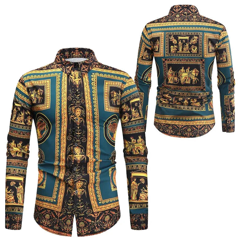Baroque Floral Royal Shirts Men Luxury Print Designer Tops Paisley Pattern Flowers Fashion Western Long Sleeve Shirt Camisas