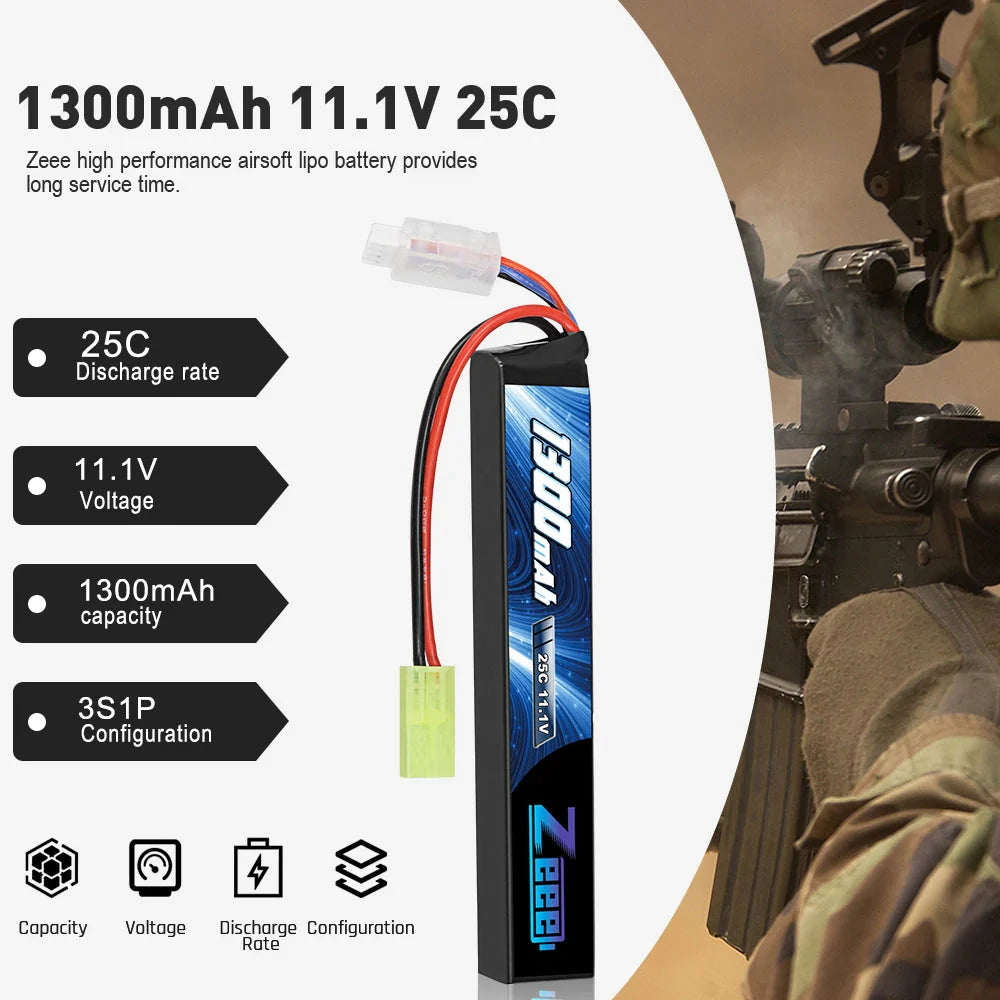 Zeee Airsoft Battery 3S 11.1V 25C 1300mAh Stick Battery with Mini Tamiya Plug for Airsoft Guns Rifle AK47 Lipo Battery Parts