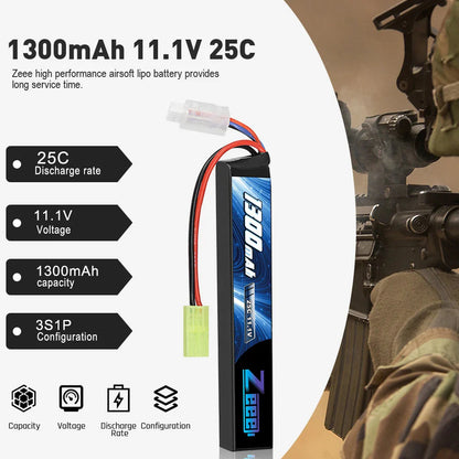 Zeee Airsoft Battery 3S 11.1V 25C 1300mAh Stick Battery with Mini Tamiya Plug for Airsoft Guns Rifle AK47 Lipo Battery Parts