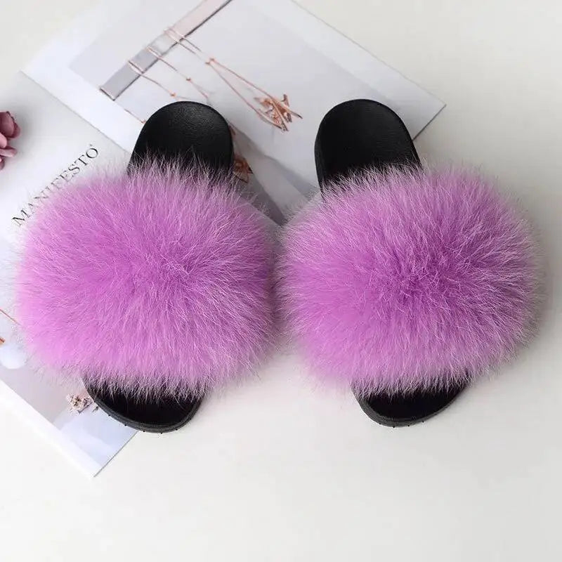 Summer Women Fur Slides Fluffy Furry Slippers Indoor Fuzzy Flip Flops Casual Outdoor Flat Ladies Fur Sandals Plush House Shoes