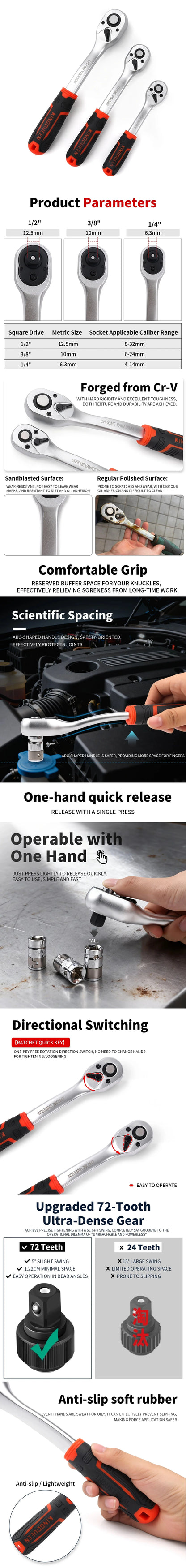 New Frosted Quick Ratchet Wrench Oil-resistant 72 Tooth Drive 1/4 3/8 1/2 Inch Socket Two-way Flying Wrench DIY Hand Repair Tool