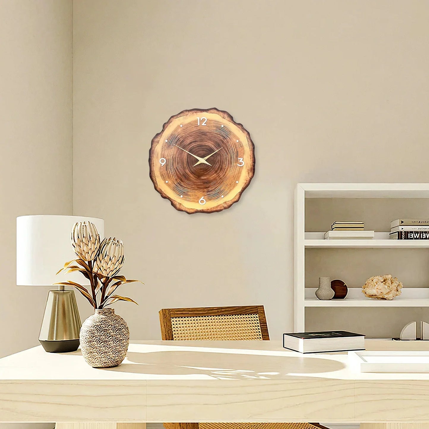 1pc wooden ring veneer wall clock, flat wood cross section texture pattern solid wood pointer design wall clock, silent clock