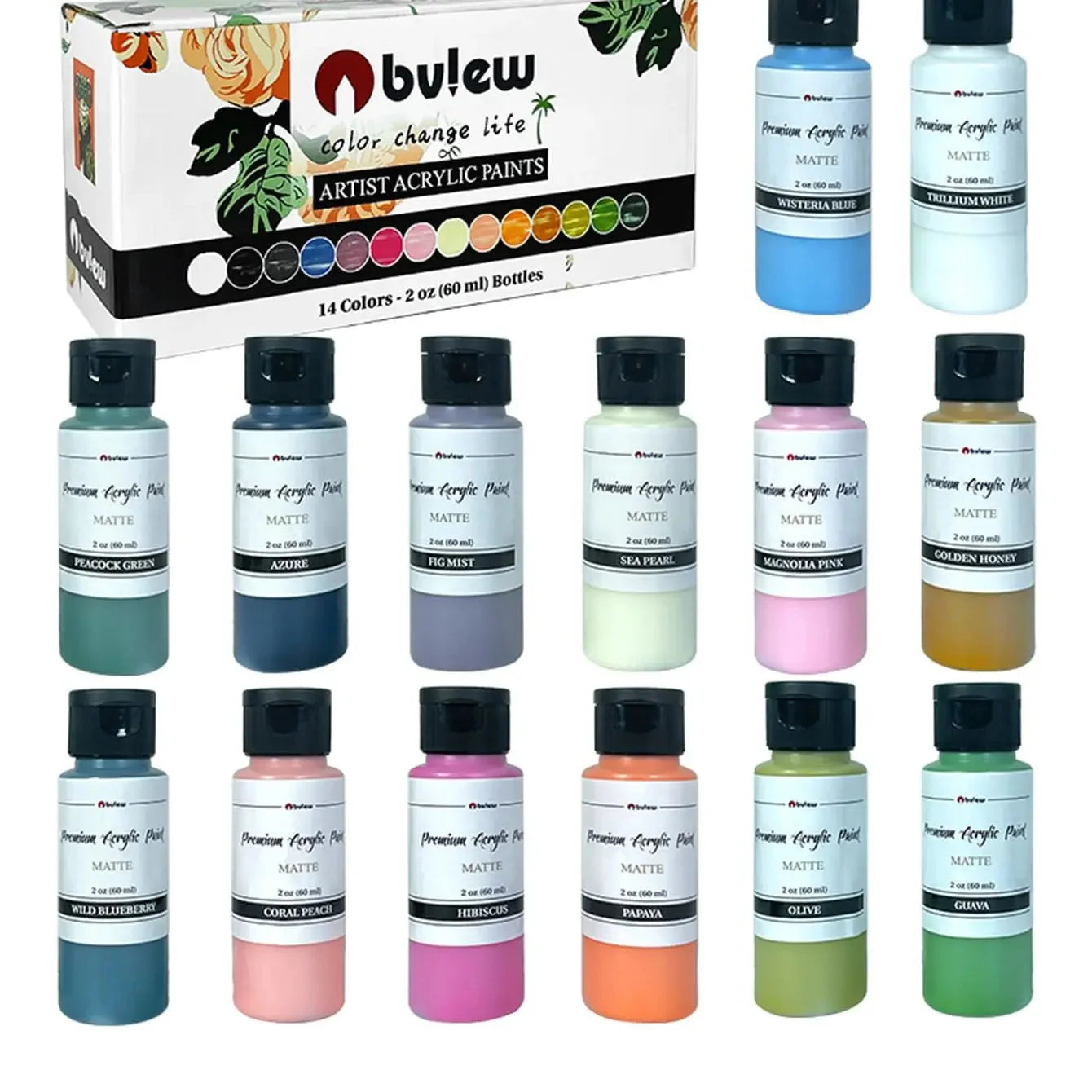 Bview Art 14-Color 2oz (60ml) Professional Acrylic Paint Set - Artist Grade Supplies for Canvas, Fabric, Wood Art Projects