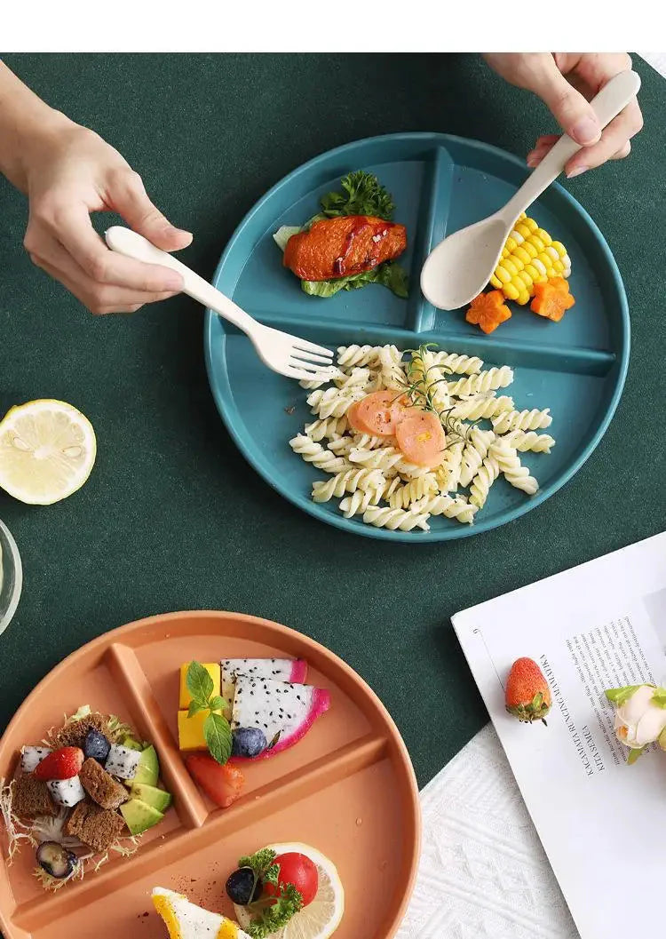 23cm Sub-grid Plate Fat-reducing Sub-plate Children's Tableware Three-grid Rice Plate Separated Dessert Breakfast Plate Kitchen