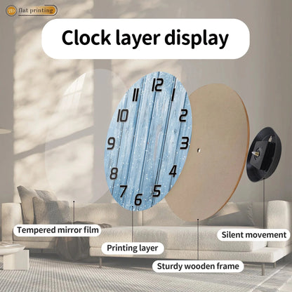 Rustic Blue Wooden Plank Wall Clock with Snowflakes, Winter Theme Home Office Decor, Silent Quartz Movement Decorative Design