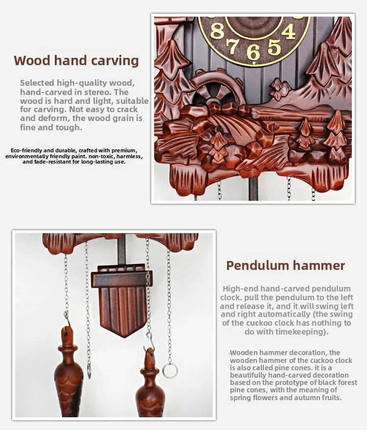 Wooden Handcrafted Cuckoo Clock for Wall with Cuccu Chimes and Swing Pendulum for Home Nordic  Decor Solid Wood Cuccu Watch