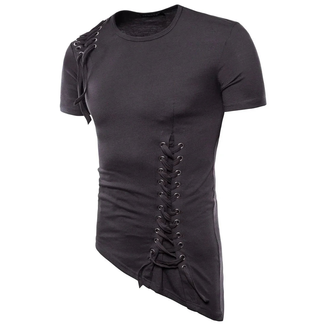New2026 Men's Summer Short Sleeve T-shirts Trend Irregular Design Lace Up Solid Slim Tees Fashion Gothic Style Casual Shirts Men