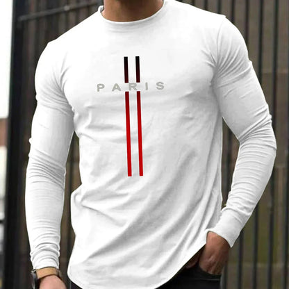 Men's Spring and Autumn 100% Cotton Loose and Comfortable Casual Paris Pattern Printed Round Neck Long Sleeve T-shirt