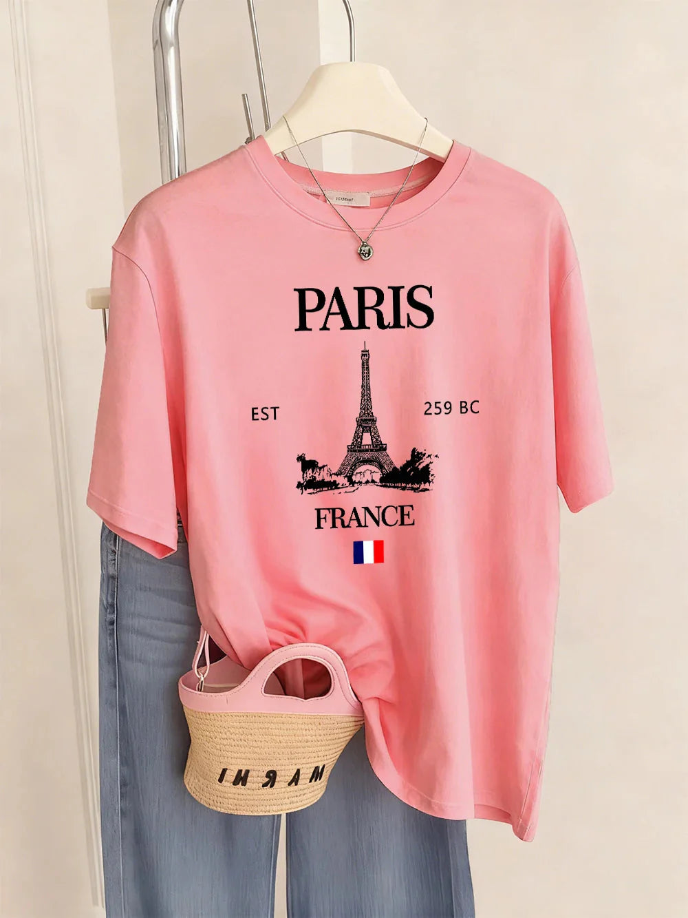 Paris France Eiffel Tower Prints T-Shirts Women Summer Basic Short Sleeve Tops O-Neck Loose T Shirts Basics Soft Womans Clothes