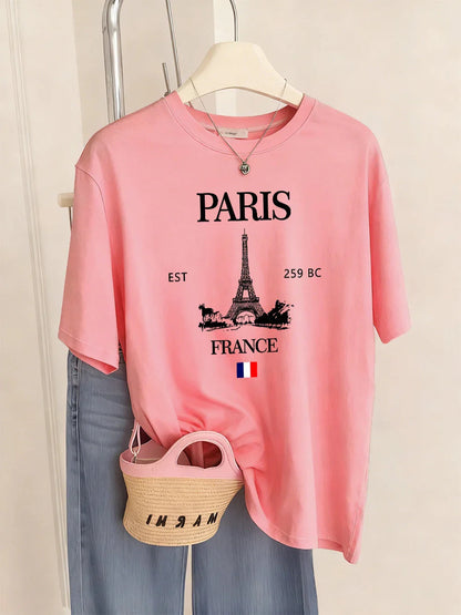 Paris France Eiffel Tower Prints T-Shirts Women Summer Basic Short Sleeve Tops O-Neck Loose T Shirts Basics Soft Womans Clothes