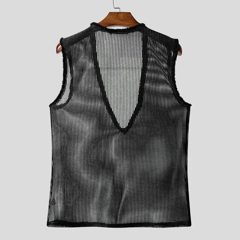 INCERUN Men Tank Tops Hollow Out Mesh See Through Sexy Tassel Male Vests Summer 2025 Solid Color Fashion Streetwear Men Clothing