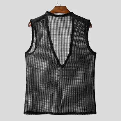 INCERUN Men Tank Tops Hollow Out Mesh See Through Sexy Tassel Male Vests Summer 2025 Solid Color Fashion Streetwear Men Clothing