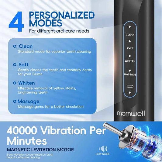 IPX7 Waterproof Sonicare Electric Toothbrush, 4-Hour Fast Charge with Intelligent Time Reminder, 4 Modes, 8 Brush Heads, Travel