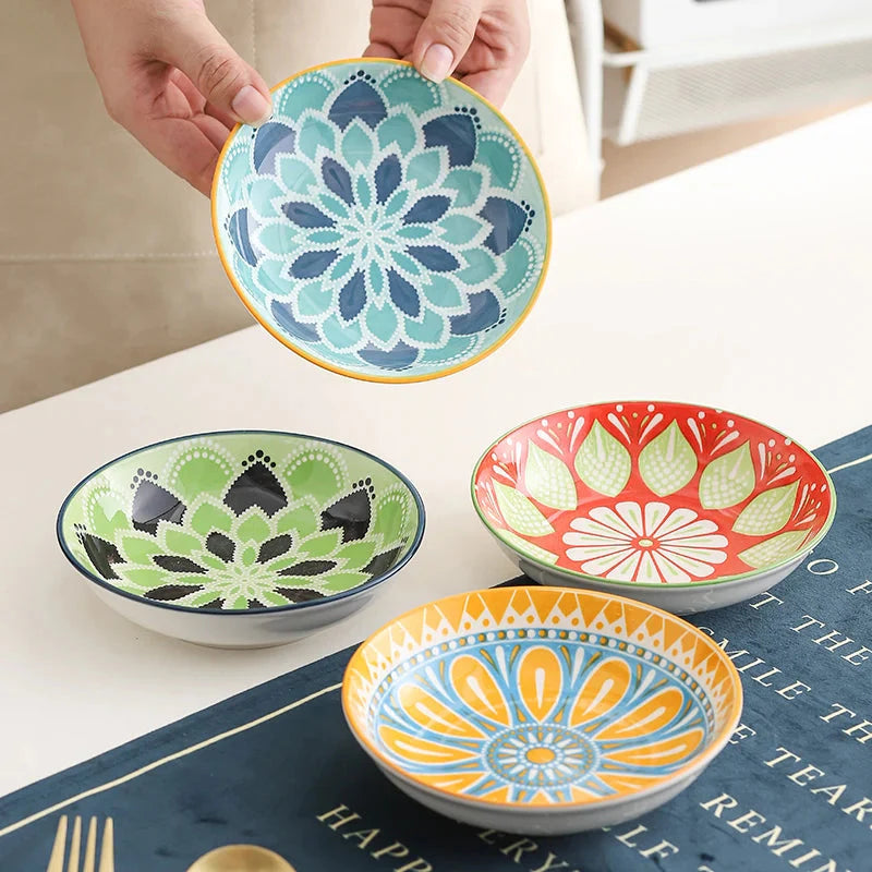 4pc Bohemian Ceramic Plate - Side Dish, Appetizer, Sauce, Bread, Pastry & Breakfast Plates, Safe for Dishwasher& Microwave