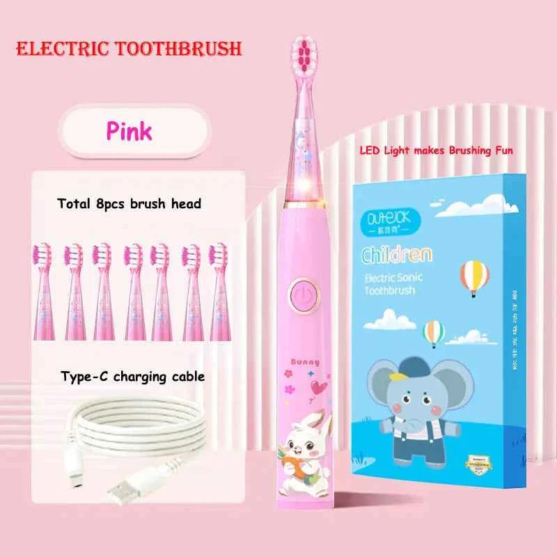 Kids Sonic Electric Toothbrush Child Cartoon with Colorful LED Light IPX7 Waterproof 2 mins Smart Timer Rechargeable Toothbrush