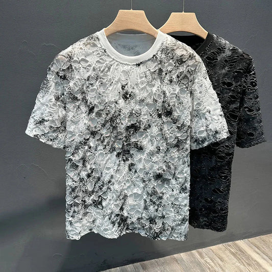 Mens T-Shirts Casual Tie-Dye Ripped T-Shirts Summer Niche Lightweight Unique Versatile Fashion Short Sleeve Tops Men'S Wear 2024