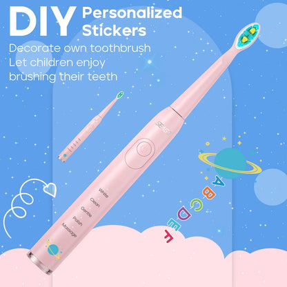 Children Electric Toothbrush with 8 Replacement Heads DIY Stickers 5 Cleaning Modes Blue Pink Yellow 3 Colors Soft Bristles