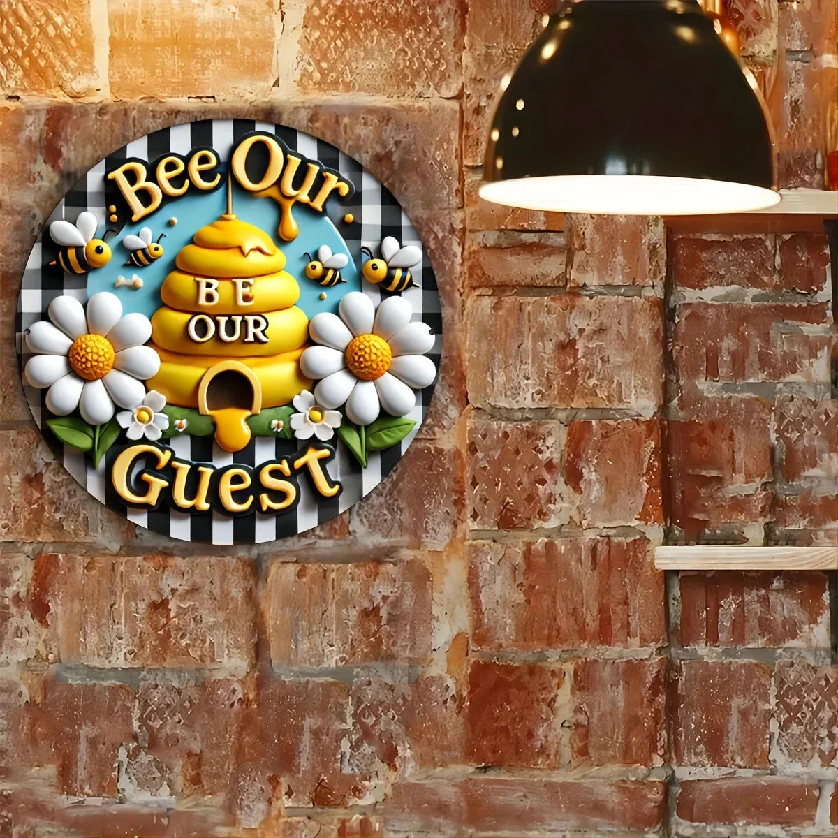 1pc 8x8 Inch Round Aluminum Metal Sign, Bee Wreath Wall Art, Summer Home Decor, Outdoor Indoor Door Decoration