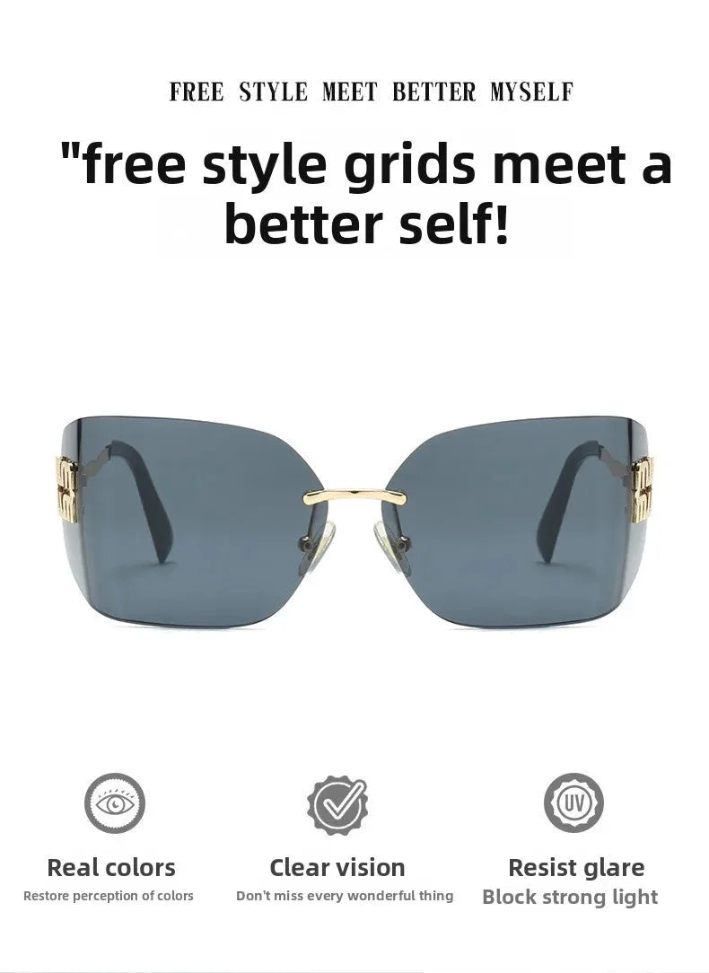 Curved One-Piece Sunglasses, Frameless Square Cut-Edge Design, UV400 Protection, Women's High-End Street Style