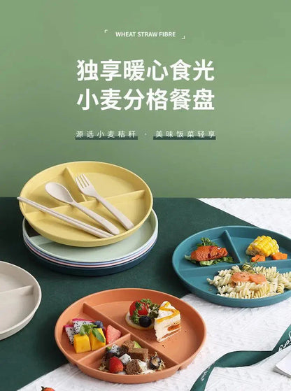 23cm Sub-grid Plate Fat-reducing Sub-plate Children's Tableware Three-grid Rice Plate Separated Dessert Breakfast Plate Kitchen